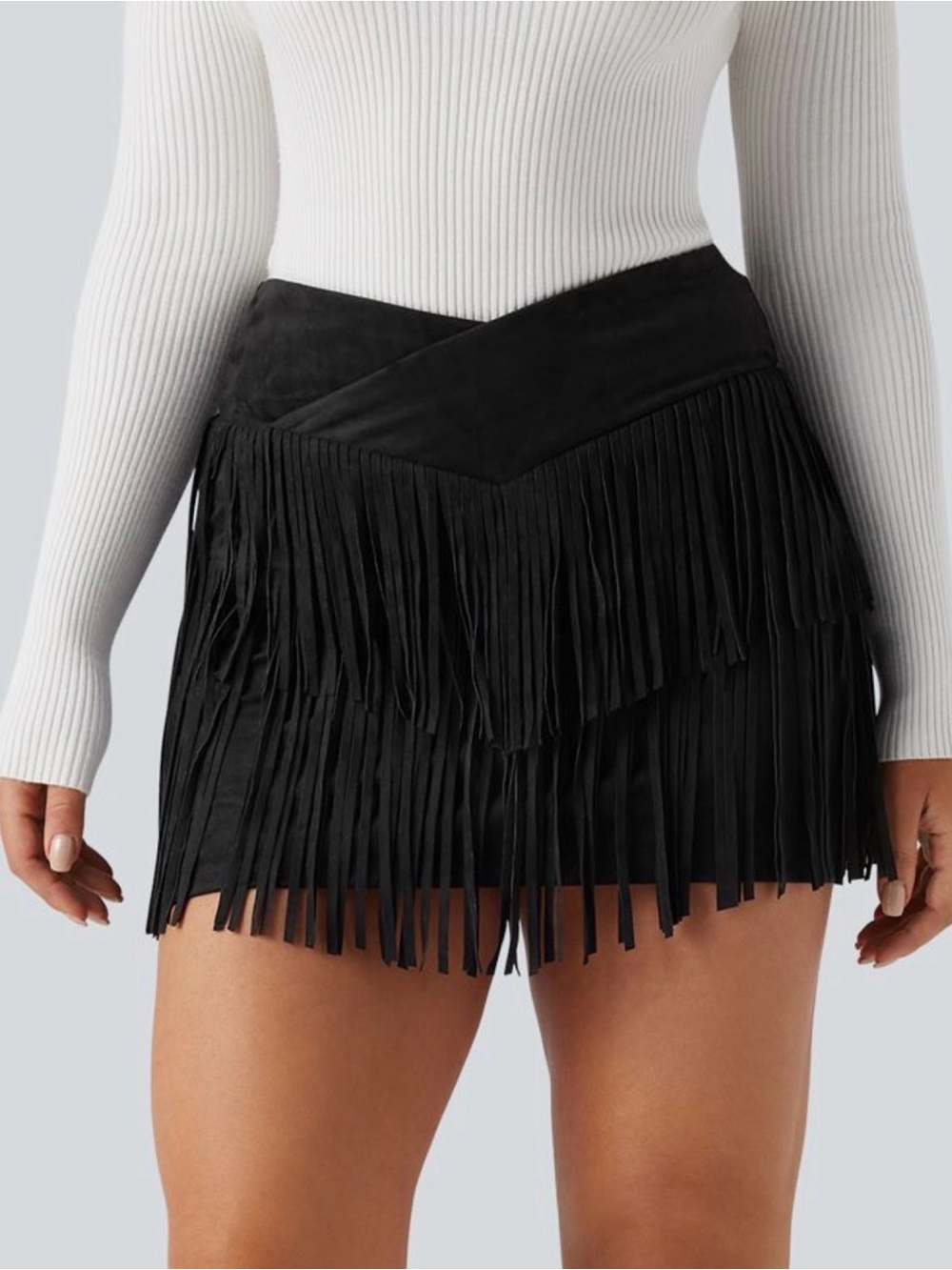 HALARA Black Fringe Suede Mini Skirt